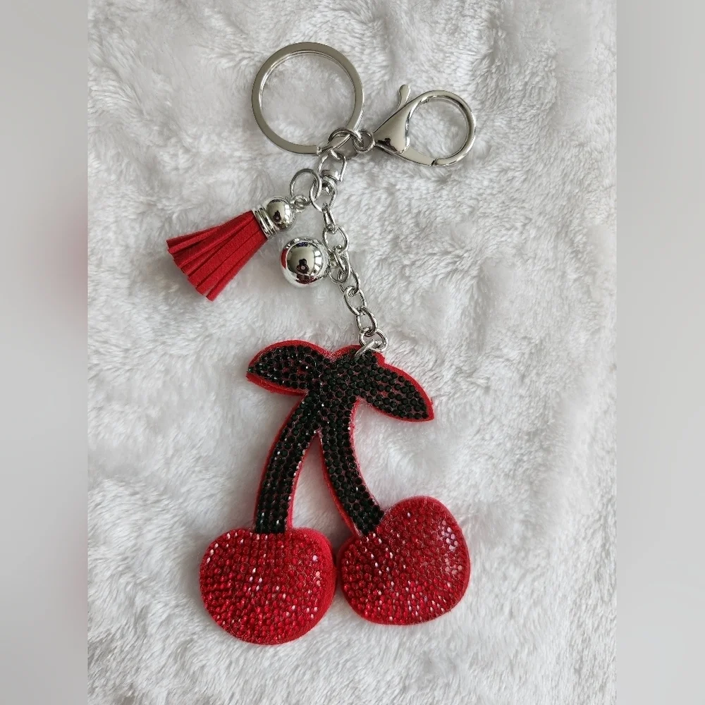 Red Cherry Rhinestone Keychain with Tassel Bag Purse
